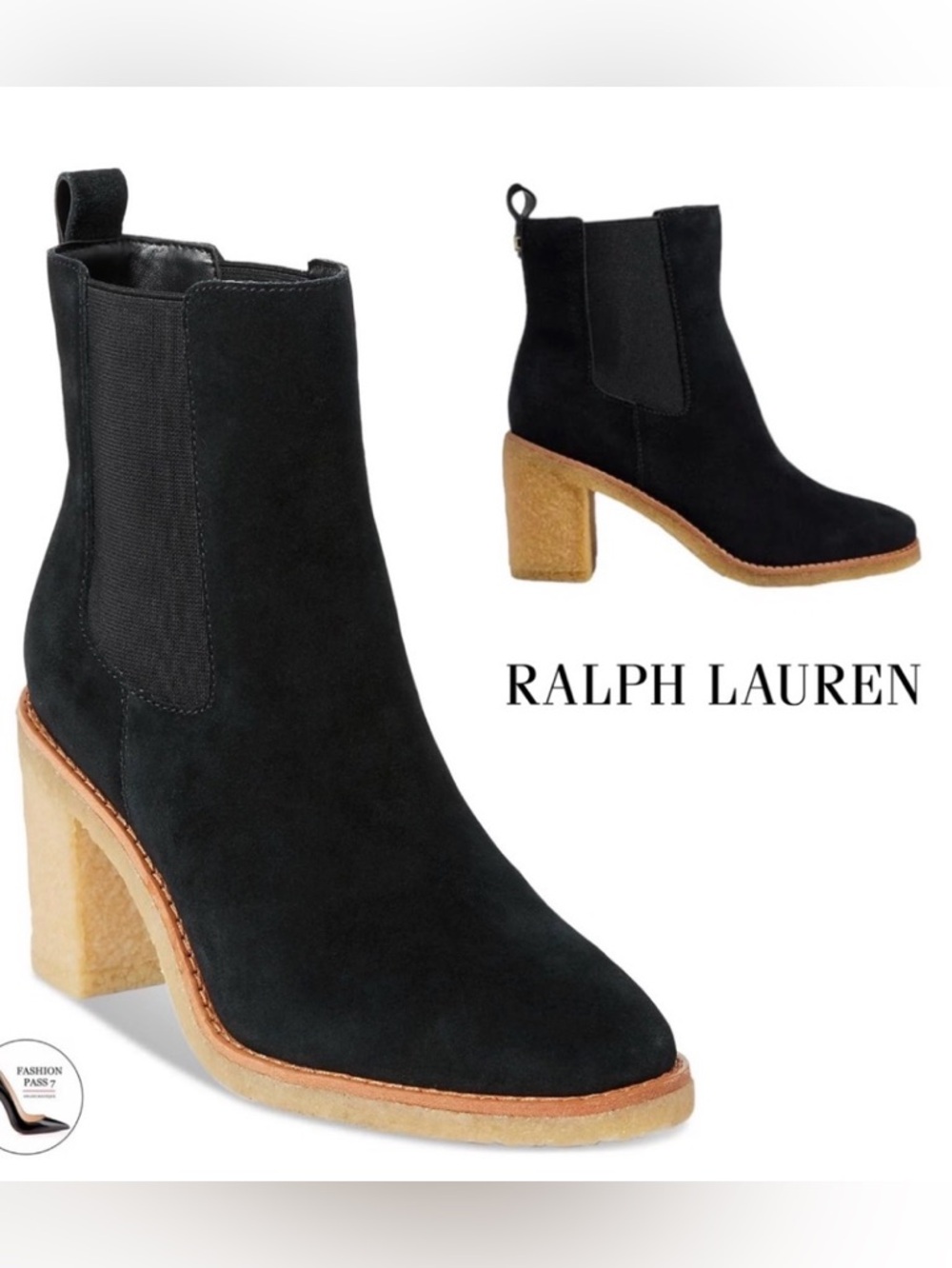 Lauren Ralph Lauren Marianna Black Suede Chelsea Block Heel Bootie with Tan Heel